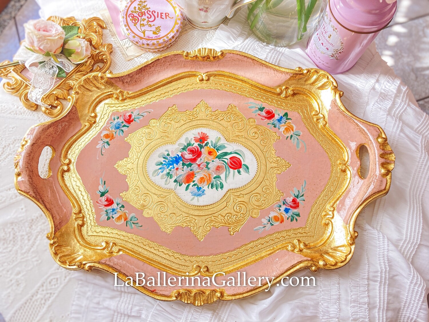 Florentine tray octagon large pink gold shabby chic baroque rococo wooden decorative tray tea board