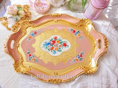 Florentine tray octagon large pink gold shabby chic baroque rococo wooden decorative tray tea board