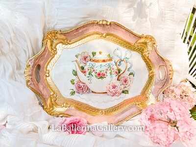 Florentine tray octagon teapot ribbon rose print gold shabby chic baroque rococo wooden decorative tray tea board