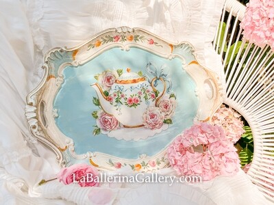 Florentine tray octagon teapot ribbon rose print gold shabby chic baroque rococo wooden decorative tray tea board