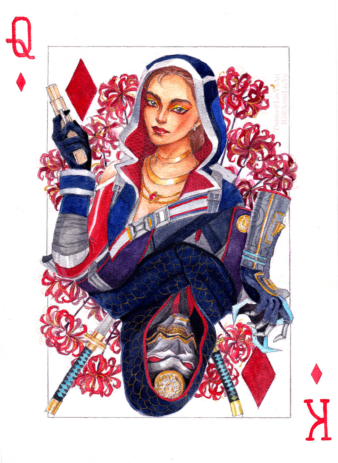 Apex Legends fanart original painting  Loba Revenant poker by Liu Yu watercolor on paper art collection