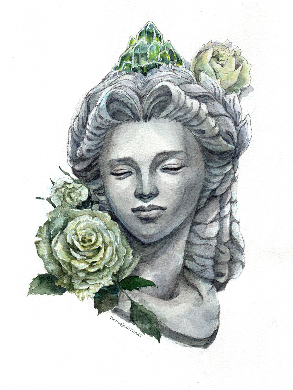 Elden Ring Sorceress Sellen fan art watercolor painting A4 print Liu Yu Art Original art work collection witch&#39;s glintstone crown green rose