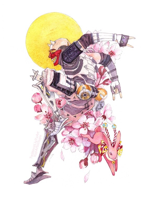 Apex Legends fanart original painting Octane sakura blooming by Liu Yu watercolor on paper art collection