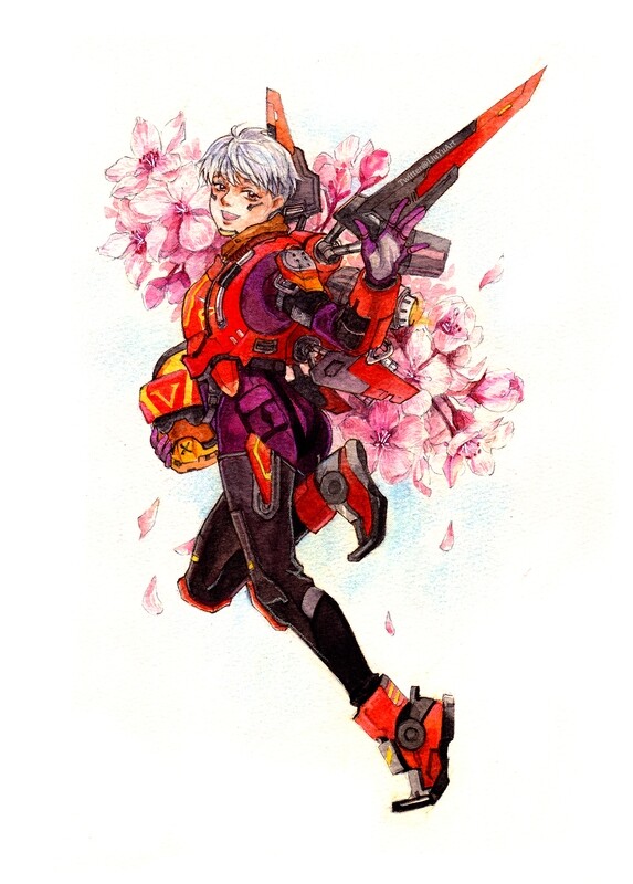 Apex Legends fanart original painting Valkyrie sakura blooming by Liu Yu watercolor on paper art collection