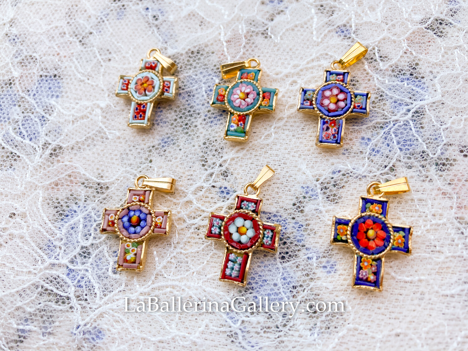 Florentine Micromosaic brass gold cross pendant