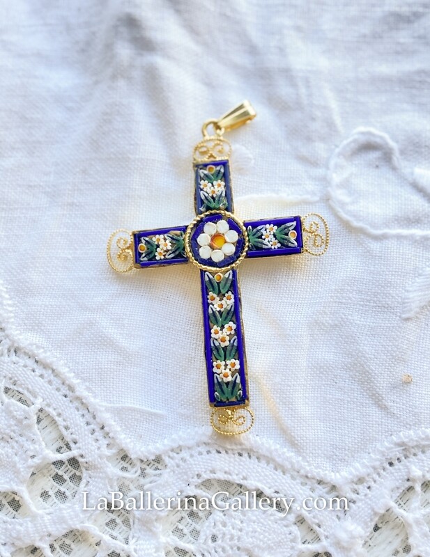 Florentine Micromosaic brass gold cross pendant