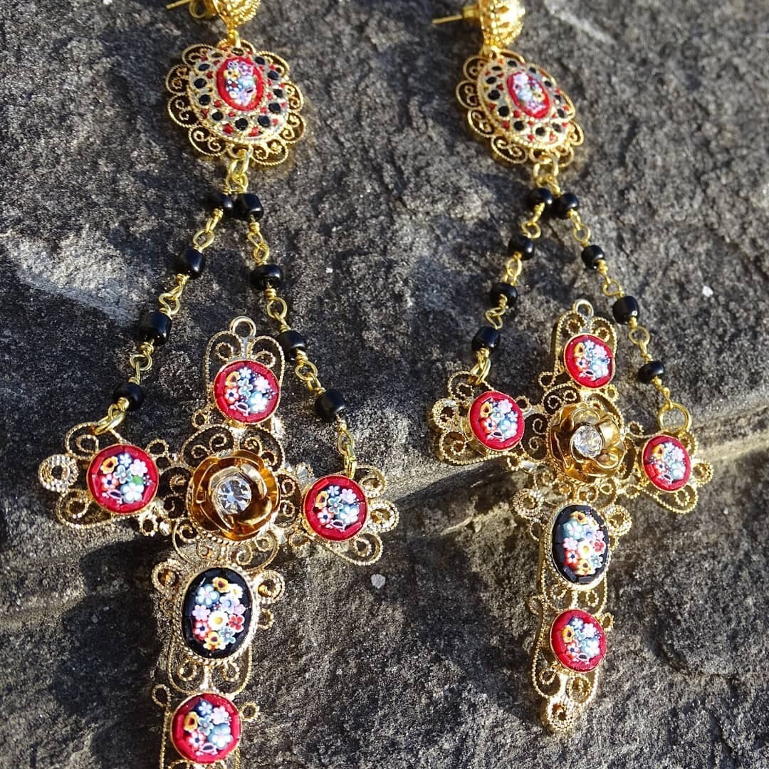Florentine Micromosaic filigree brass gold large cross earrings