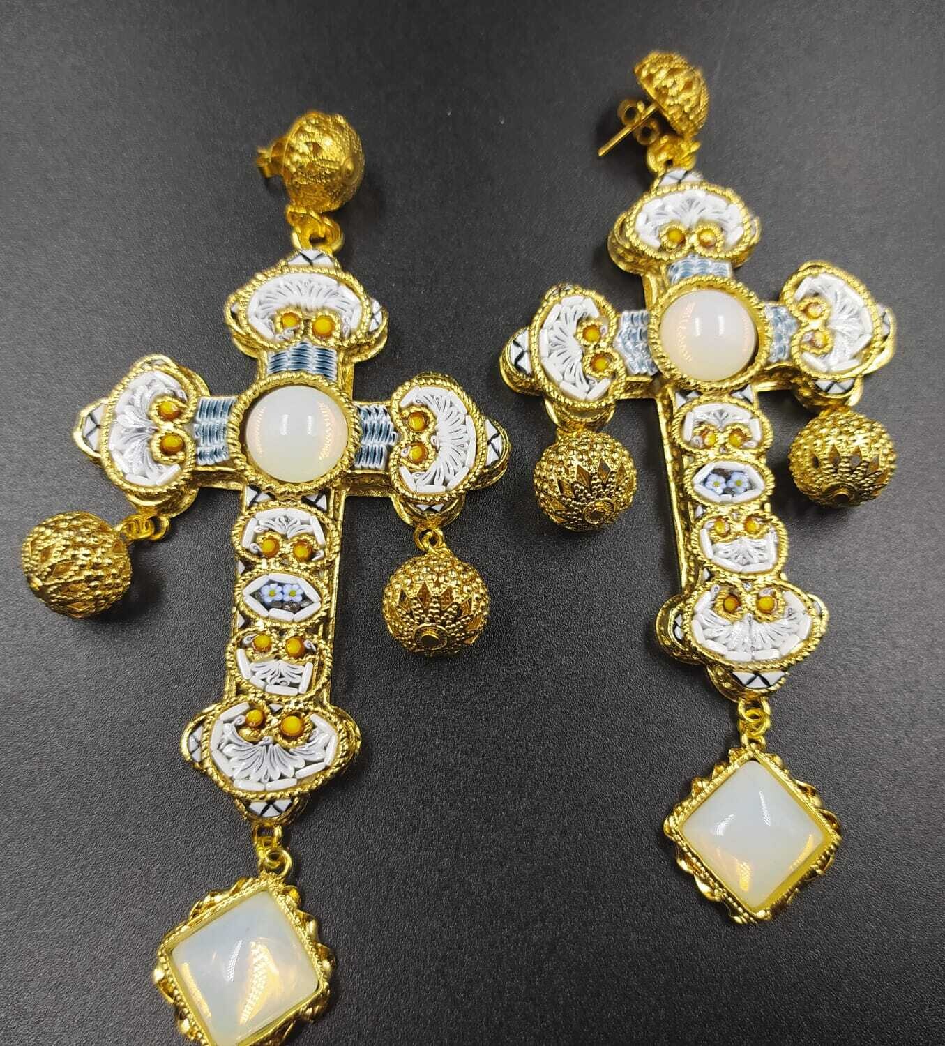 Florentine Micromosaic brass gold large cross earrings