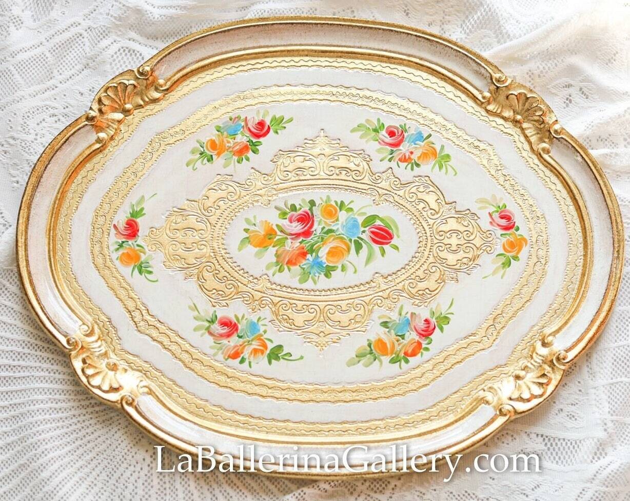 Florentine tray large oval rose white