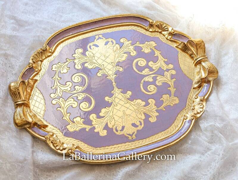 Florentine tray gold large lilac bow ribbon shabby chic baroque rococo wooden decorative tray tea board
