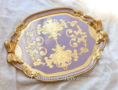 Florentine tray gold large lilac bow ribbon shabby chic baroque rococo wooden decorative tray tea board