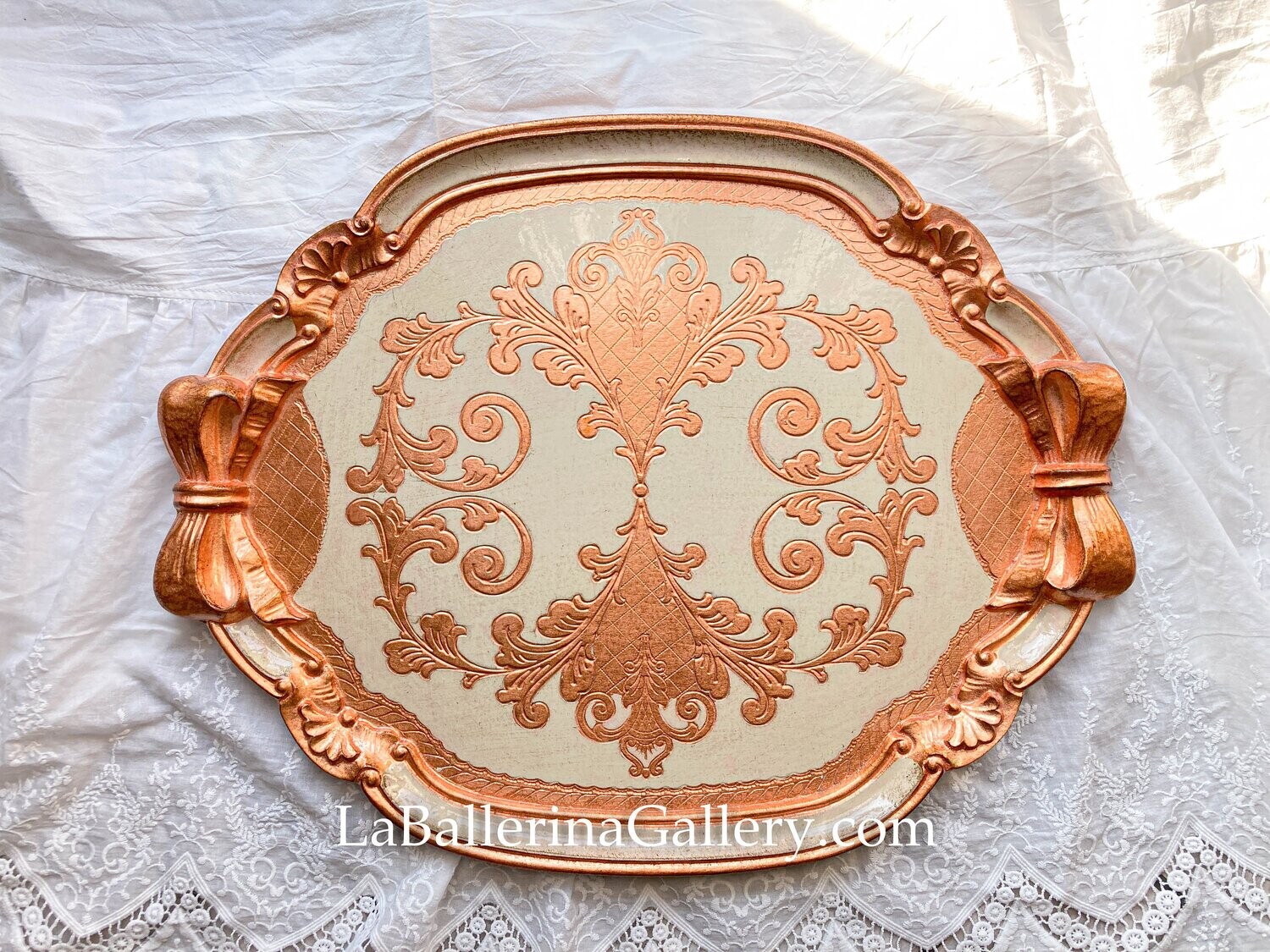 Florentine tray gold large green bow ribbon shabby chic baroque rococo wooden decorative tray tea board