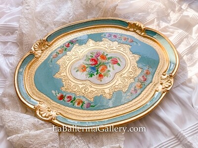 Florentine tray large oval rose light blue