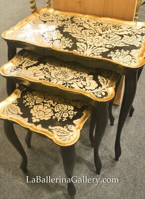 Florentine wooden coffee 3 tables set black gold