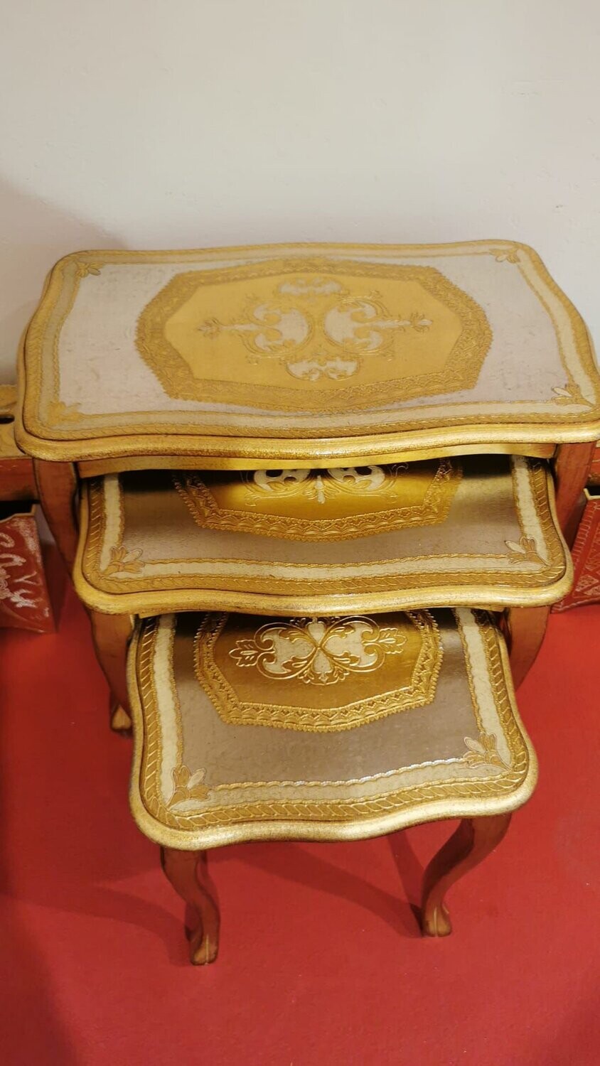 IN stock Italian Florentine wooden 3 tables set gold silver