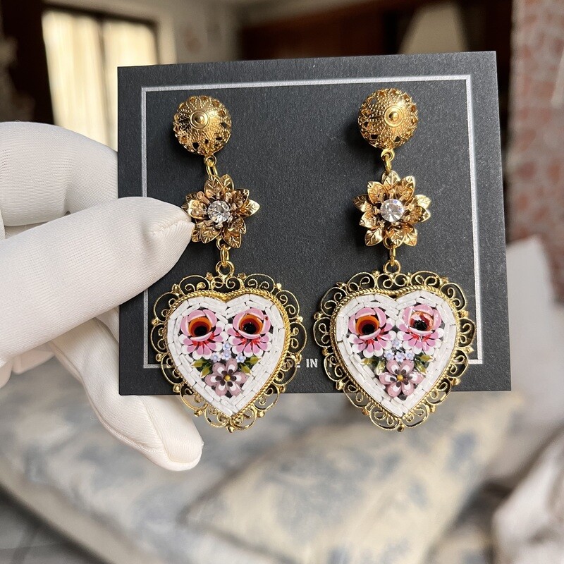 Florentine Micromosaic earrings oval ear stud large heart filigree rose