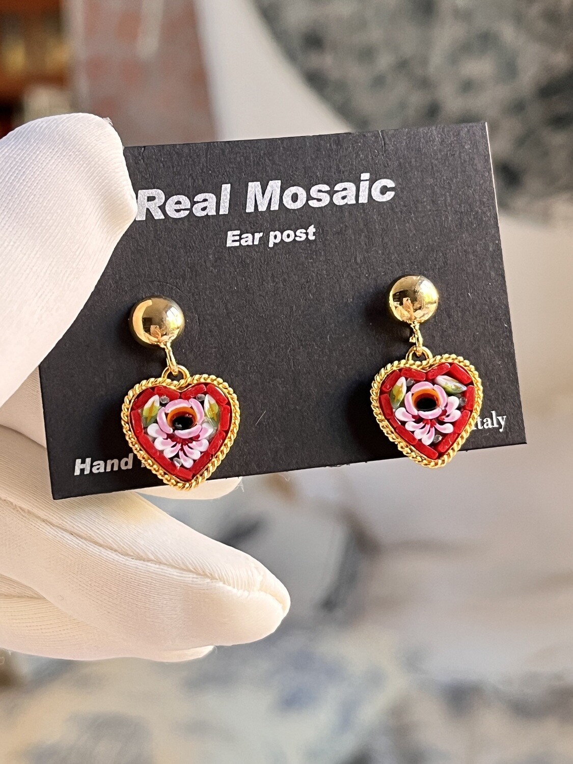 Florentine micromosaic jewelry heart rose ear stud