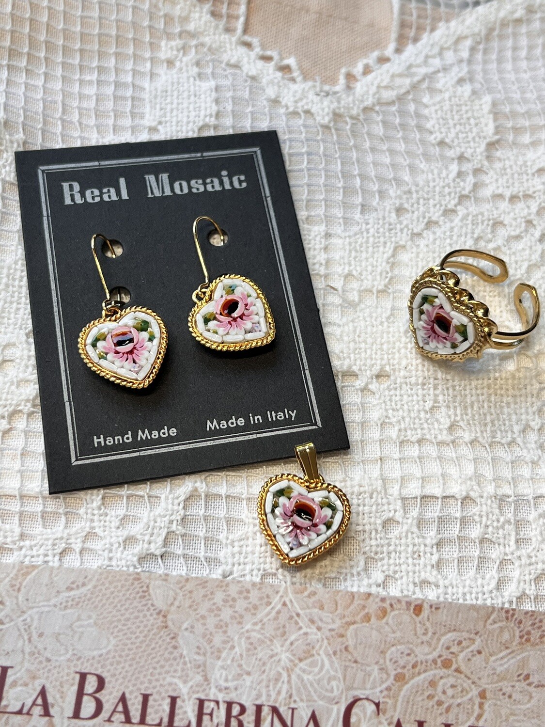 Florentine Micromosaic rose heart earrings ring  pendant