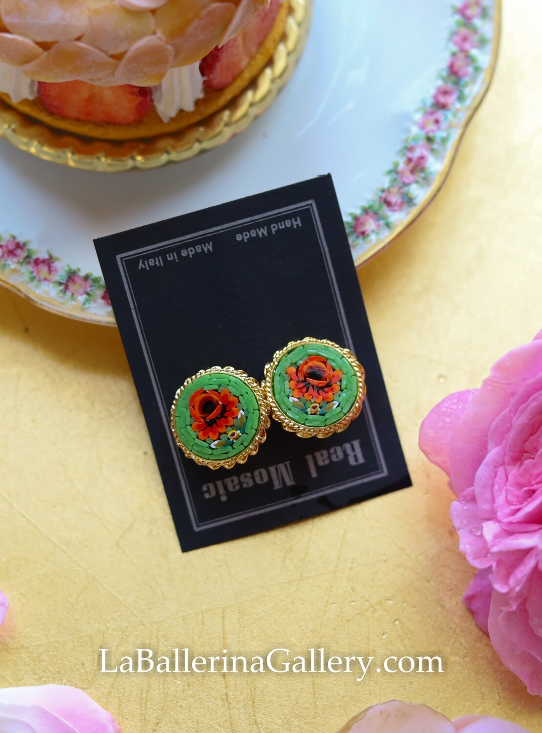 Florentine micromosaic jewelry round ear clip