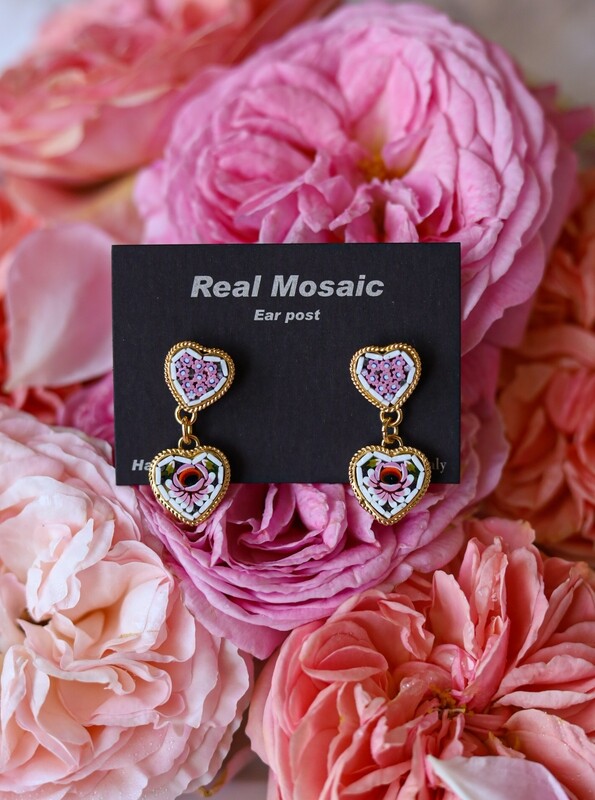 Florentine micromosaic jewelry heart rose ear stud