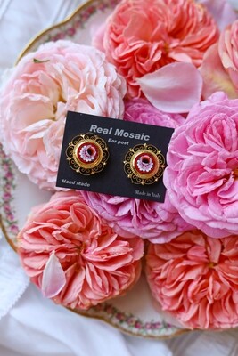 Florentine micromosaic jewelry filigree round ear clip/stud rose
