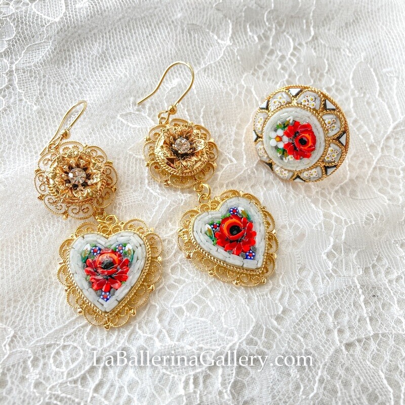Florentine Micromosaic earrings ear stud large heart filigree rose ring