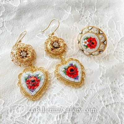 Florentine Micromosaic earrings ear stud large heart filigree rose ring