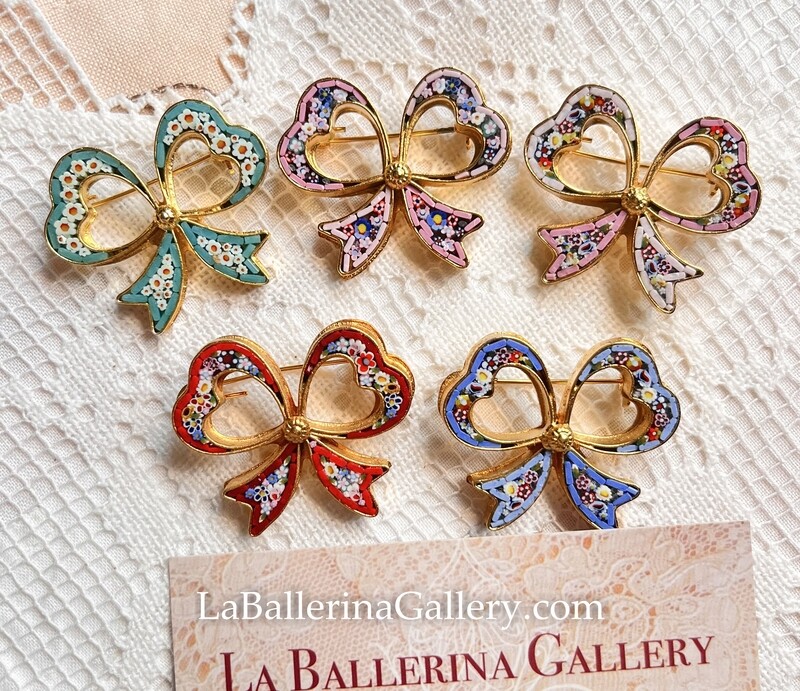 Florentine Micromosaic Brooch ribbon bow cute