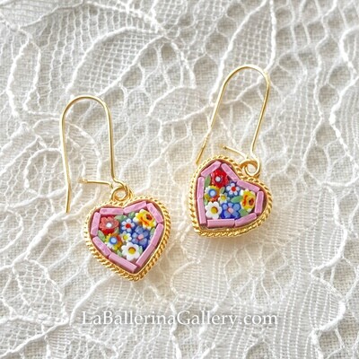 Florentine Micromosaic rose heart earrings