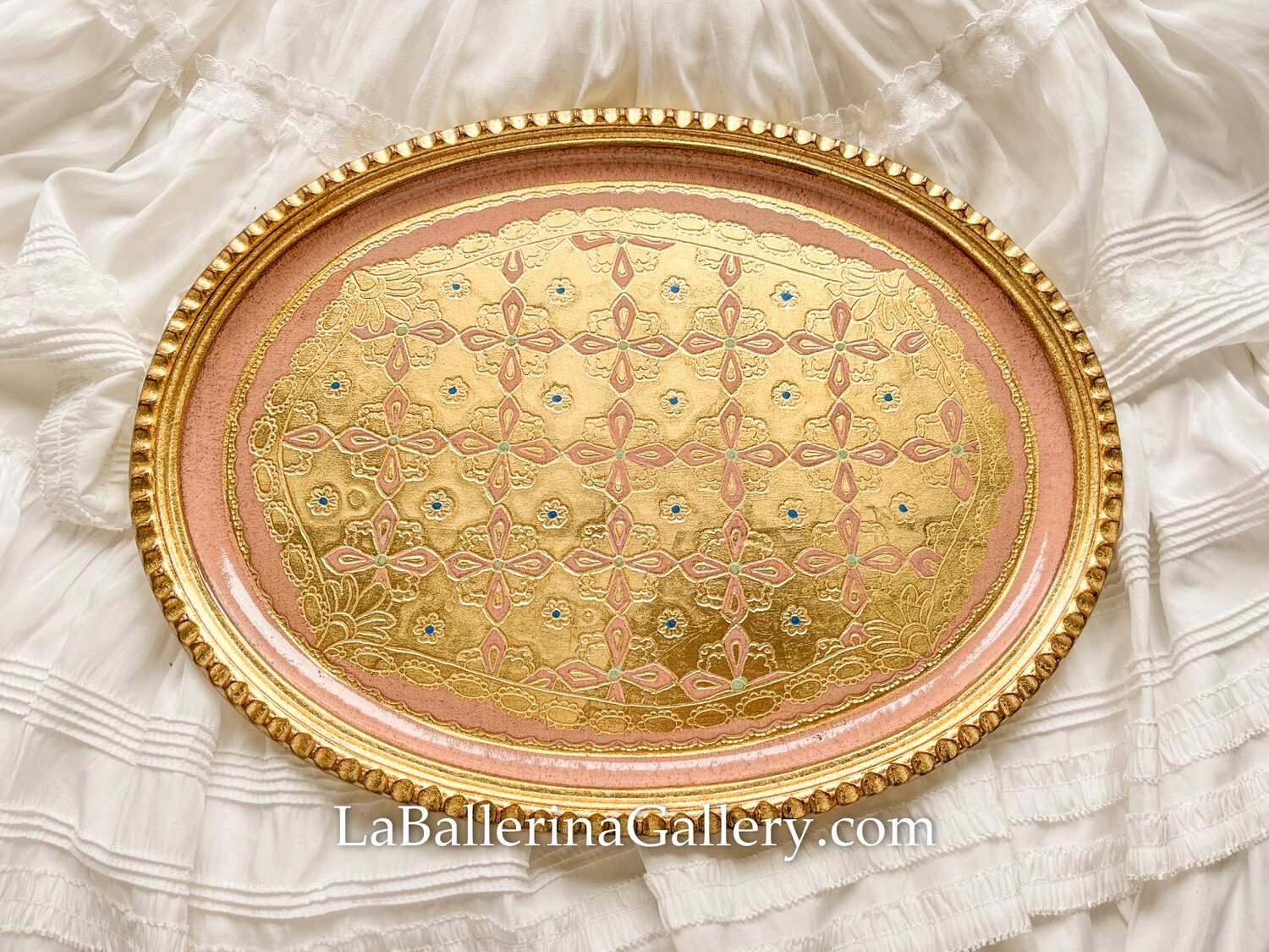Florentine tray oval gold pink shabby chic baroque rococo wooden decorative tray tea board