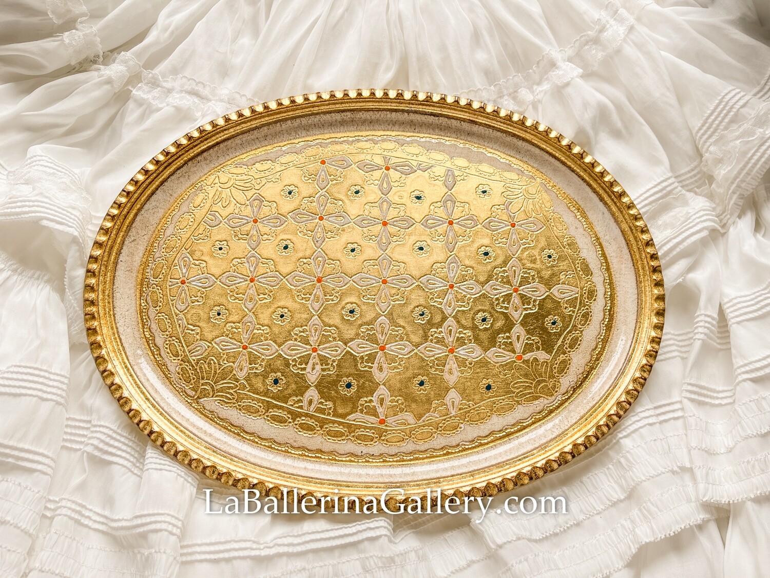 Florentine tray oval gold white shabby chic baroque rococo wooden decorative tray tea board