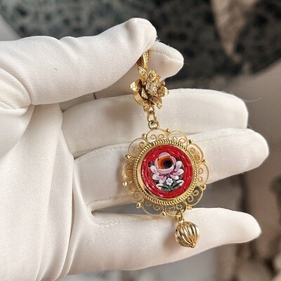 Florentine Micromosaic pendant round filigree rose