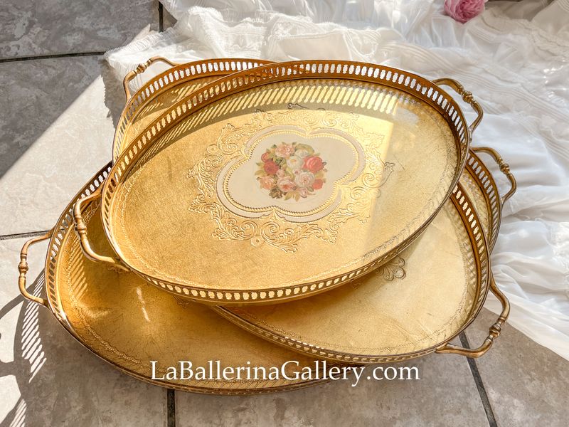 Made to order Florentine tray rose bouquet brass lace gold oval holder baroque rococo wooden decorative tray tea board