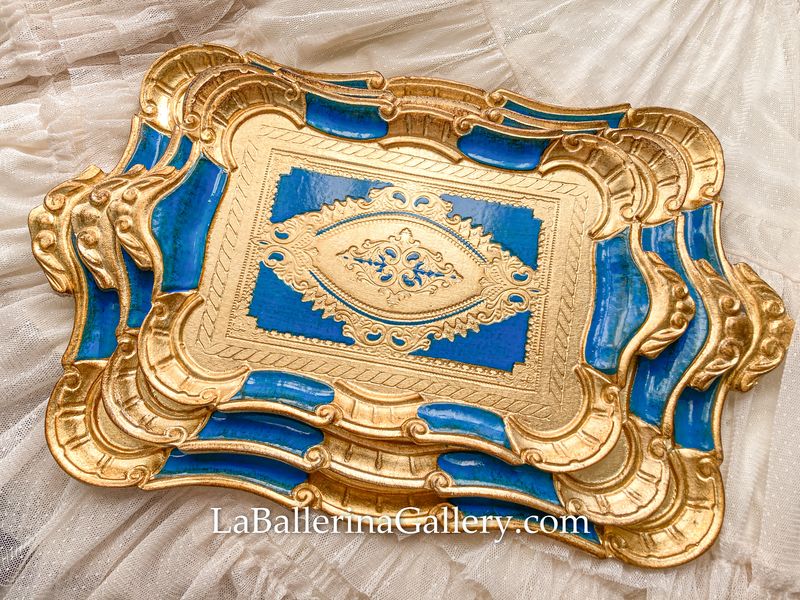 Florentine tray oval gold blue holder shabby chic baroque rococo wooden decorative tray tea board royal blue