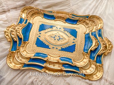 Florentine tray oval gold blue holder shabby chic baroque rococo wooden decorative tray tea board royal blue