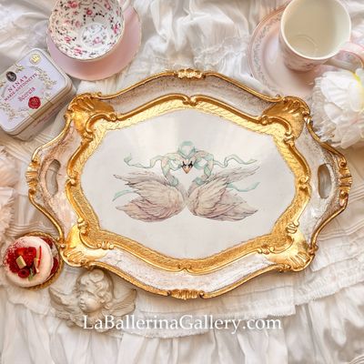 Made to order Florentine tray baroque octagon swan rose ribbon lace rococo tray original design