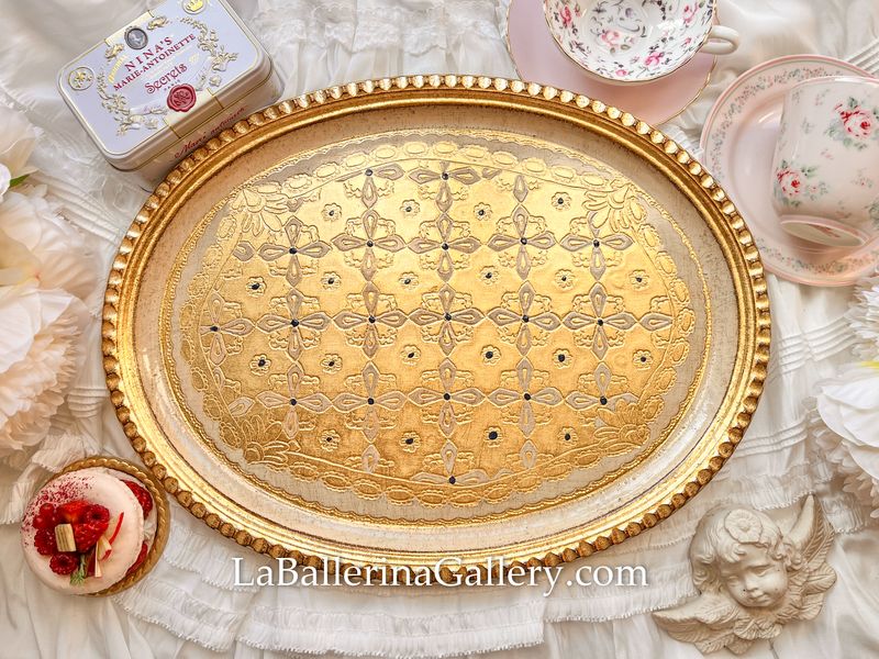 Florentine tray oval gold white shabby chic baroque rococo wooden decorative tray tea board