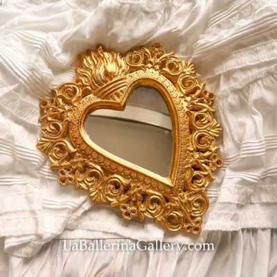 Made to order Florentine gold wood wall hanging mirror frame heart EX voto bow ribbon baroque