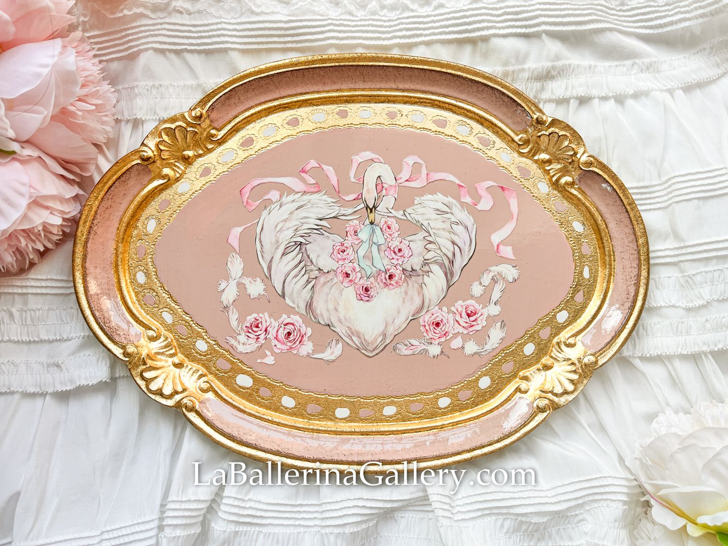Florentine tray oval swan rose pink lace illustration gold  shabby chic baroque rococo wooden decorative tray tea board