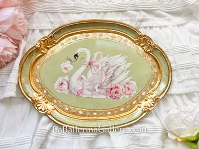 Florentine tray oval swan rose pink lace illustration gold  shabby chic baroque rococo wooden decorative tray tea board