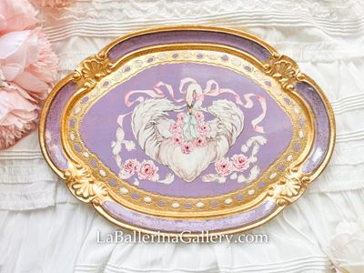 Florentine tray oval swan rose pink lace illustration gold  shabby chic baroque rococo wooden decorative tray tea board