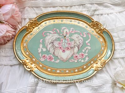 Florentine tray oval swan rose pink lace illustration gold  shabby chic baroque rococo wooden decorative tray tea board