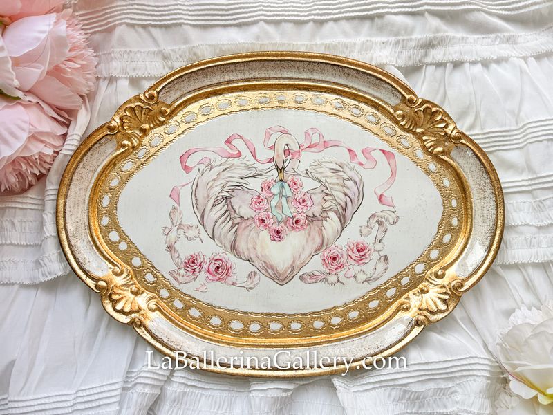 Florentine tray oval swan rose pink lace illustration gold  shabby chic baroque rococo wooden decorative tray tea board