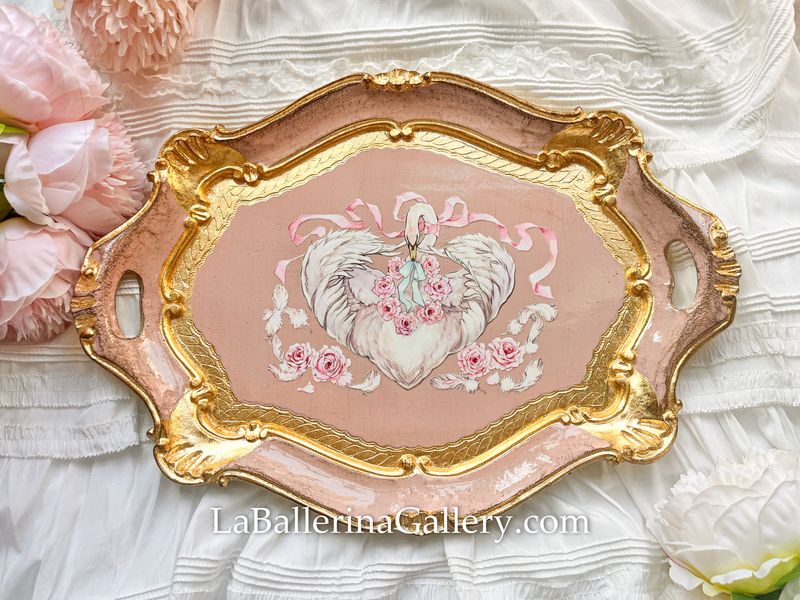 Made to order Florentine tray baroque octagon swan rose ribbon lace rococo tray original design