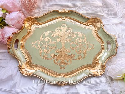 Florentine tray octagon sage gold shabby chic baroque rococo wooden decorative tray tea board