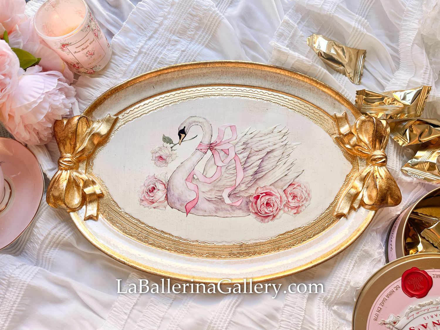 Florentine tray baroque oval bow swan rose ribbon lace rococo tray original design