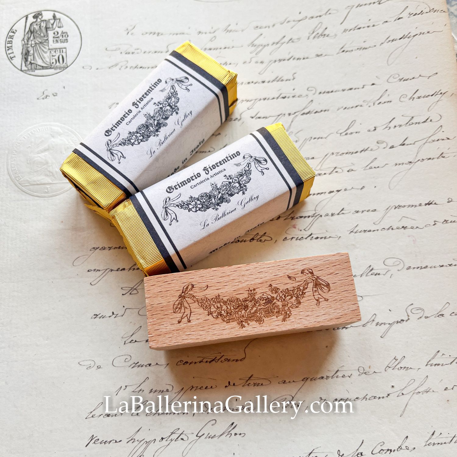 Floral Garland ribbon French antique style stamp post wood 6x2cm