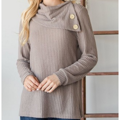 Buttoned flap mock sweater 65% Rayon 30% Polyester 5% Spandex