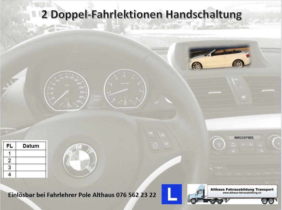 2 Doppel-Fahrlektionen à 100 Minuten (BMW Handschaltung)