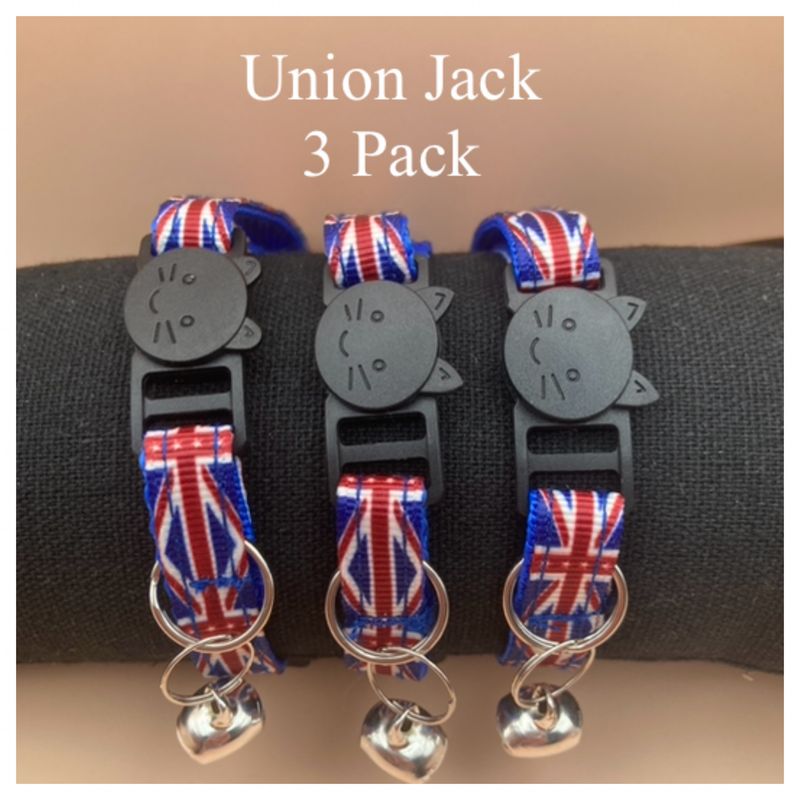 Union Jack Cat Pack £11.99 - 3 Safety Collars & 3 Cat tags - Handmade in the UK